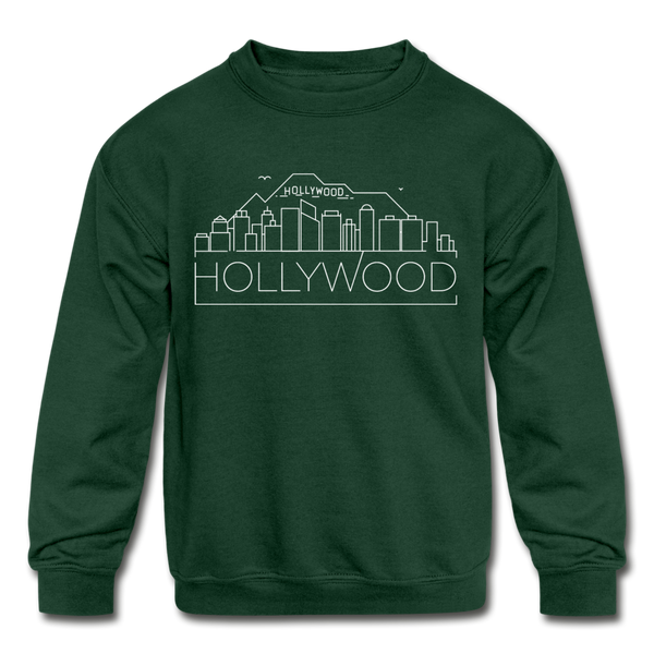 Hollywood, California Youth Sweatshirt - Skyline Youth Hollywood Crewneck Sweatshirt - forest green