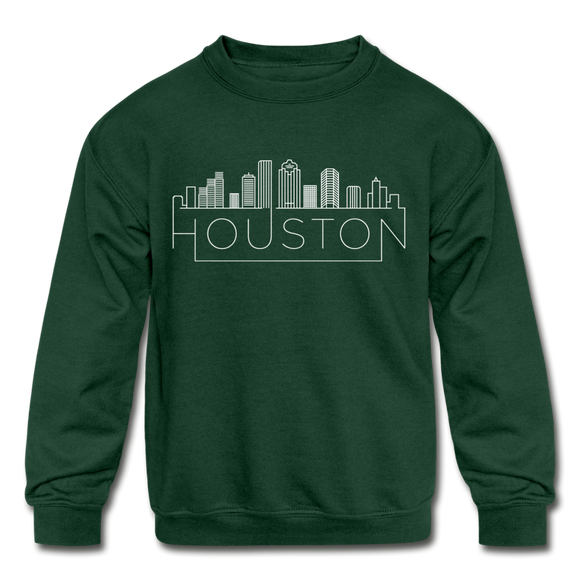Houston, Texas Youth Sweatshirt - Skyline Youth Houston Crewneck Sweatshirt - forest green