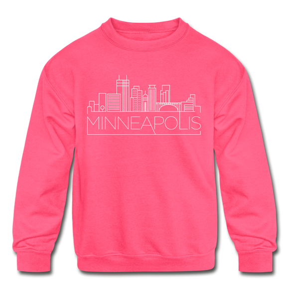 Minneapolis, Minnesota Youth Sweatshirt - Skyline Youth Minneapolis Crewneck Sweatshirt - neon pink