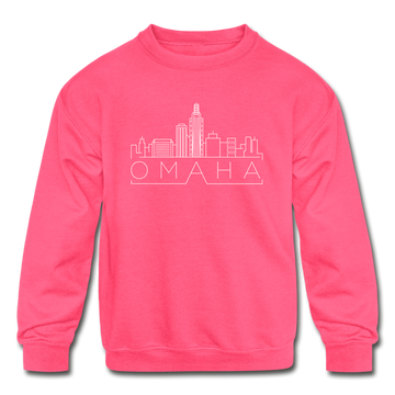 Omaha, Nebraska Youth Sweatshirt - Skyline Youth Omaha Crewneck Sweatshirt - neon pink