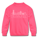 Milwaukee, Wisconsin Youth Sweatshirt - Skyline Youth Milwaukee Crewneck Sweatshirt - neon pink