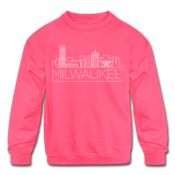 Milwaukee, Wisconsin Youth Sweatshirt - Skyline Youth Milwaukee Crewneck Sweatshirt - neon pink