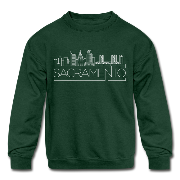 Sacramento, California Youth Sweatshirt - Skyline Youth Sacramento Crewneck Sweatshirt - forest green