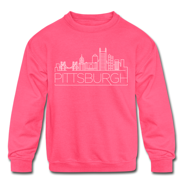 Pittsburgh, Pennsylvania Youth Sweatshirt - Skyline Youth Pittsburgh Crewneck Sweatshirt - neon pink