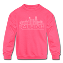 Raleigh, North Carolina Youth Sweatshirt - Skyline Youth Raleigh Crewneck Sweatshirt - neon pink
