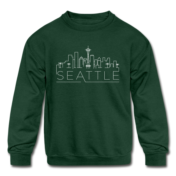 Seattle, Washington Youth Sweatshirt - Skyline Youth Seattle Crewneck Sweatshirt - forest green