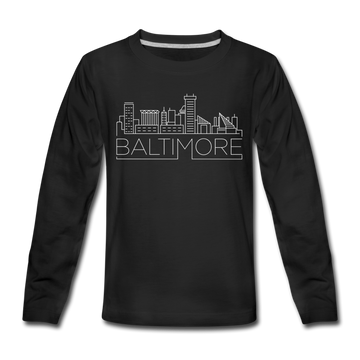 Baltimore, Maryland Youth Long Sleeve Shirt - Skyline Youth Long Sleeve Baltimore Tee - black
