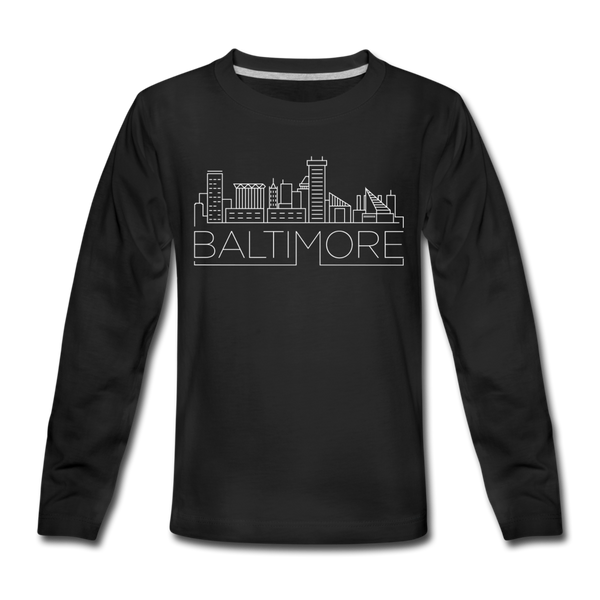 Baltimore, Maryland Youth Long Sleeve Shirt - Skyline Youth Long Sleeve Baltimore Tee - black