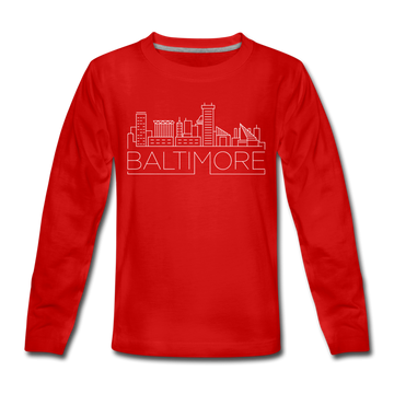 Baltimore, Maryland Youth Long Sleeve Shirt - Skyline Youth Long Sleeve Baltimore Tee - red