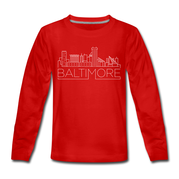 Baltimore, Maryland Youth Long Sleeve Shirt - Skyline Youth Long Sleeve Baltimore Tee - red