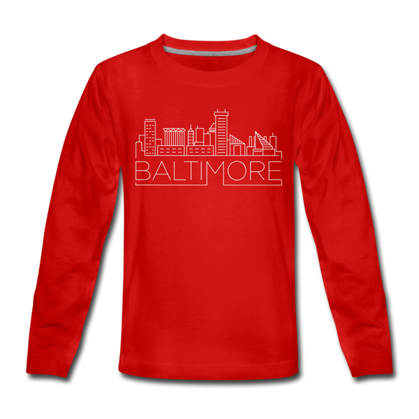 Baltimore, Maryland Youth Long Sleeve Shirt - Skyline Youth Long Sleeve Baltimore Tee - red