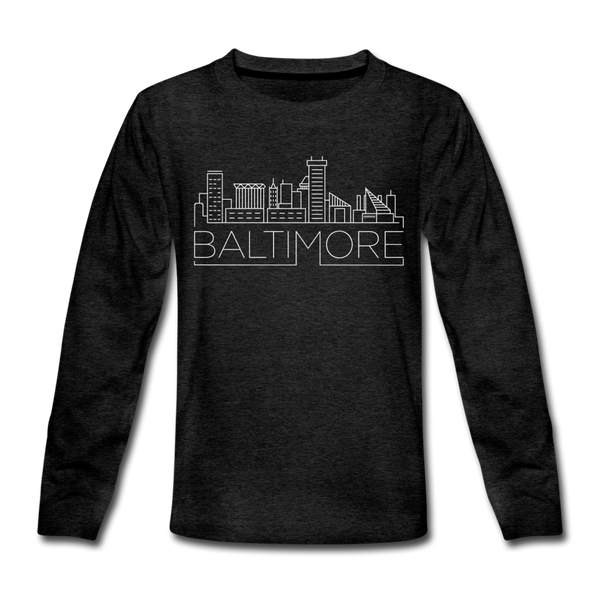 Baltimore, Maryland Youth Long Sleeve Shirt - Skyline Youth Long Sleeve Baltimore Tee - charcoal gray