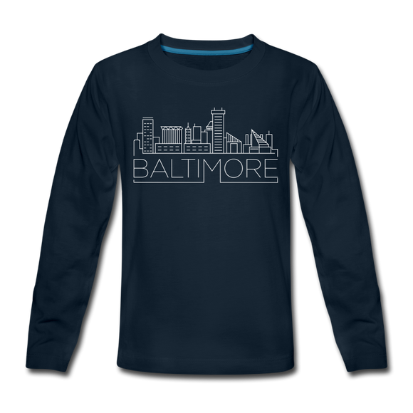 Baltimore, Maryland Youth Long Sleeve Shirt - Skyline Youth Long Sleeve Baltimore Tee - deep navy