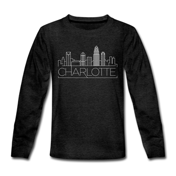 Charlotte, North Carolina Youth Long Sleeve Shirt - Skyline Youth Long Sleeve Charlotte Tee - charcoal gray