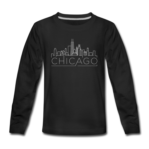 Chicago, Illinois Youth Long Sleeve Shirt - Skyline Youth Long Sleeve Chicago Tee - black