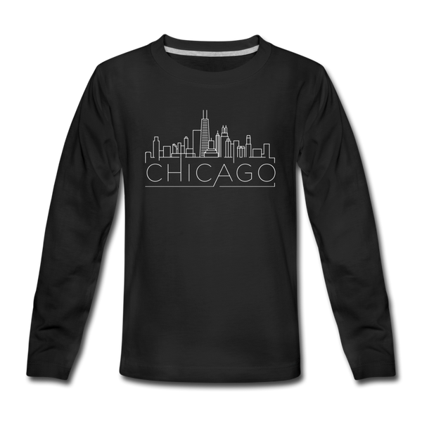 Chicago, Illinois Youth Long Sleeve Shirt - Skyline Youth Long Sleeve Chicago Tee - black