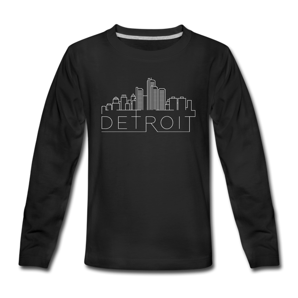 Detroit, Michigan Youth Long Sleeve Shirt - Skyline Youth Long Sleeve Detroit Tee - black