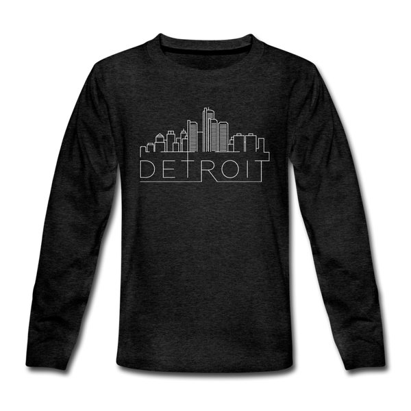 Detroit, Michigan Youth Long Sleeve Shirt - Skyline Youth Long Sleeve Detroit Tee - charcoal gray