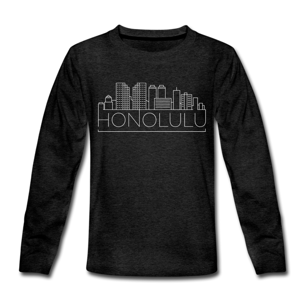 Honolulu, Hawaii Youth Long Sleeve Shirt - Skyline Youth Long Sleeve Honolulu Tee - charcoal gray