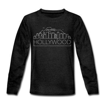 Hollywood, California Youth Long Sleeve Shirt - Skyline Youth Long Sleeve Hollywood Tee - charcoal gray