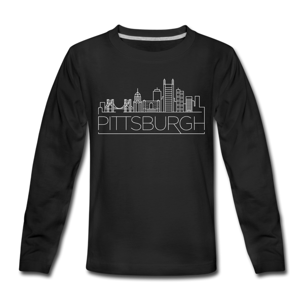 Pittsburgh, Pennsylvania Youth Long Sleeve Shirt - Skyline Youth Long Sleeve Pittsburgh Tee - black
