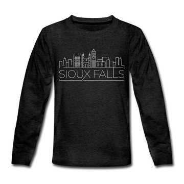 Sioux Falls, South Dakota Youth Long Sleeve Shirt - Skyline Youth Long Sleeve Sioux Falls Tee - charcoal gray