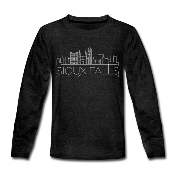 Sioux Falls, South Dakota Youth Long Sleeve Shirt - Skyline Youth Long Sleeve Sioux Falls Tee - charcoal gray