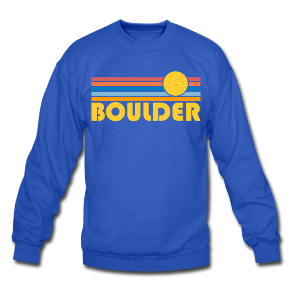 Boulder, Colorado Sweatshirt - Retro Sunrise Boulder Crewneck Sweatshirt - royal blue
