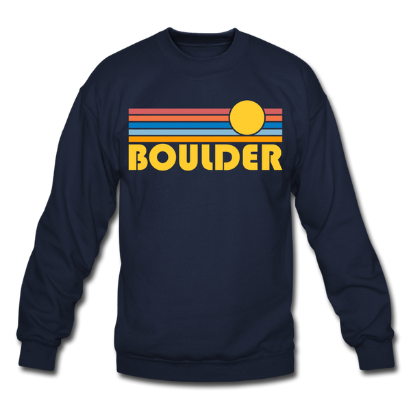 Boulder, Colorado Sweatshirt - Retro Sunrise Boulder Crewneck Sweatshirt - navy