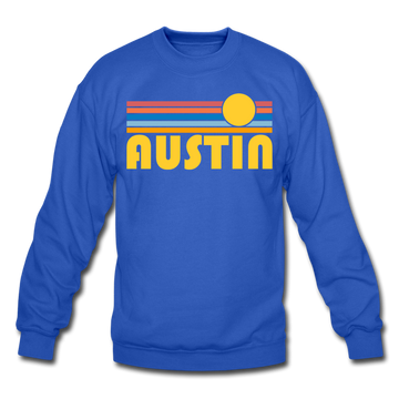 Austin, Texas Sweatshirt - Retro Sunrise Austin Crewneck Sweatshirt - royal blue