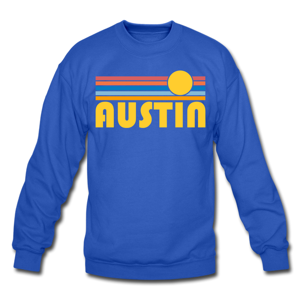 Austin, Texas Sweatshirt - Retro Sunrise Austin Crewneck Sweatshirt - royal blue