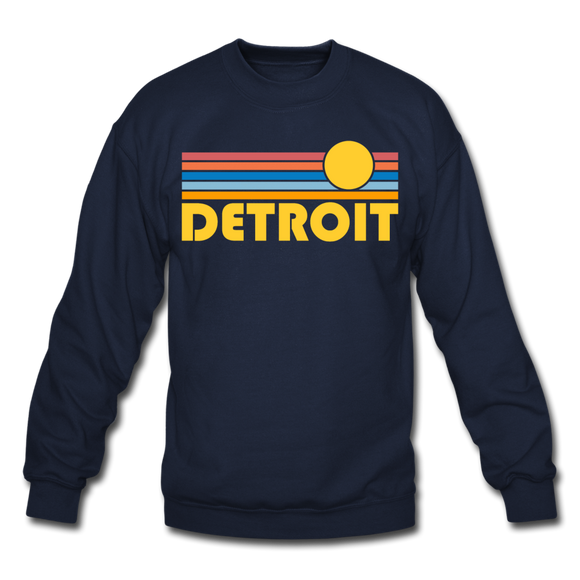 Detroit, Michigan Sweatshirt - Retro Sunrise Detroit Crewneck Sweatshirt - navy
