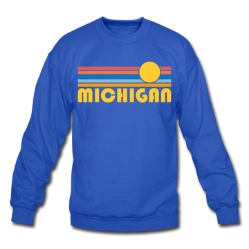 Michigan Sweatshirt - Retro Sunrise Michigan Crewneck Sweatshirt - royal blue