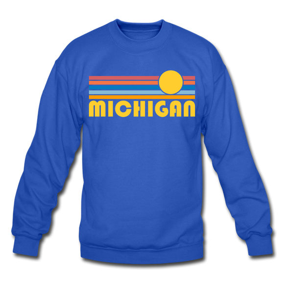 Michigan Sweatshirt - Retro Sunrise Michigan Crewneck Sweatshirt - royal blue