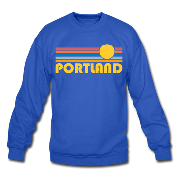 Portland, Oregon Sweatshirt - Retro Sunrise Portland Crewneck Sweatshirt - royal blue