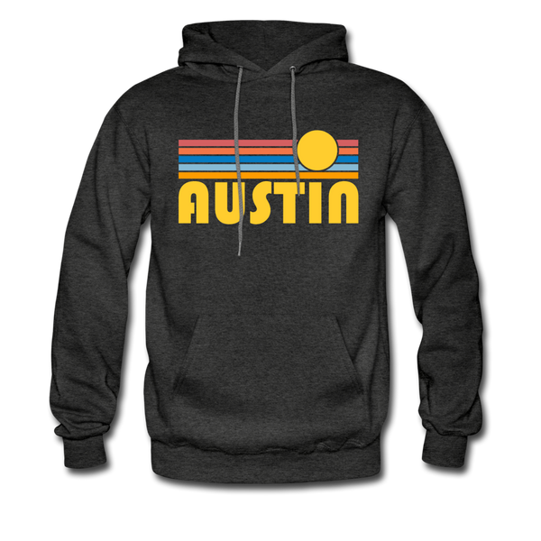 Austin, Texas Hoodie - Retro Sunrise Austin Crewneck Hooded Sweatshirt - charcoal gray
