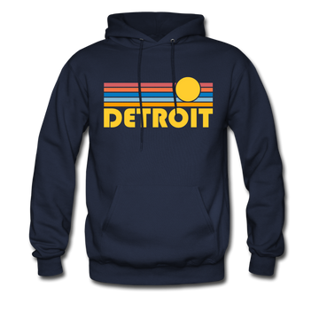 Detroit, Michigan Hoodie - Retro Sunrise Detroit Crewneck Hooded Sweatshirt - navy