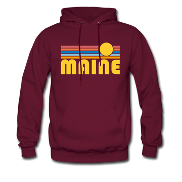 Maine Hoodie - Retro Sunrise Maine Crewneck Hooded Sweatshirt - burgundy