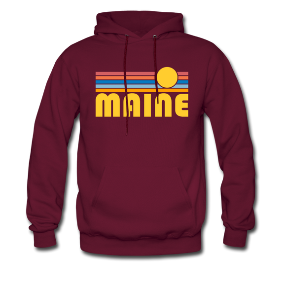 Maine Hoodie - Retro Sunrise Maine Crewneck Hooded Sweatshirt - burgundy