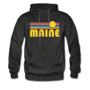 Maine Hoodie - Retro Sunrise Maine Crewneck Hooded Sweatshirt - charcoal gray