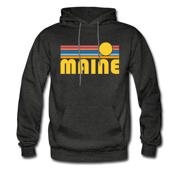 Maine Hoodie - Retro Sunrise Maine Crewneck Hooded Sweatshirt - charcoal gray