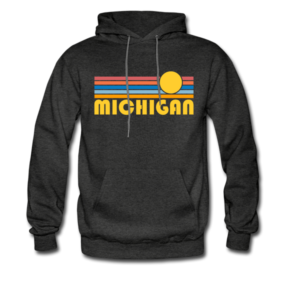 Michigan Hoodie - Retro Sunrise Michigan Crewneck Hooded Sweatshirt - charcoal gray