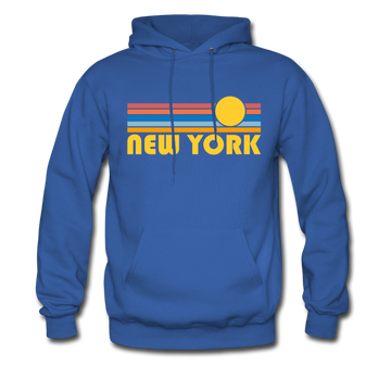 New York, New York Hoodie - Retro Sunrise New York Crewneck Hooded Sweatshirt - royal blue
