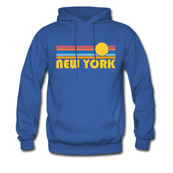 New York, New York Hoodie - Retro Sunrise New York Crewneck Hooded Sweatshirt - royal blue