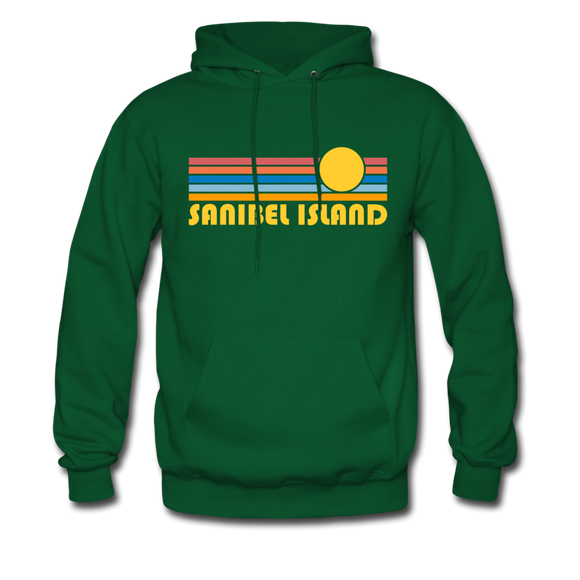 Sanibel Island, Florida Hoodie - Retro Sunrise Sanibel Island Crewneck Hooded Sweatshirt - forest green