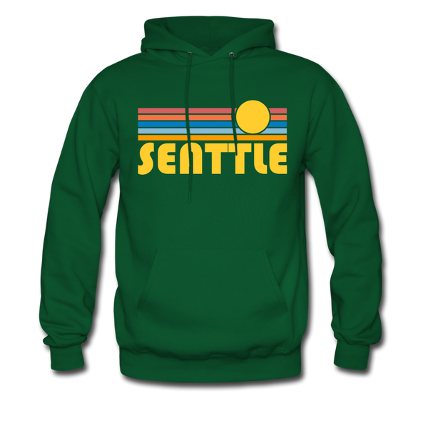 Seattle, Washington Hoodie - Retro Sunrise Seattle Crewneck Hooded Sweatshirt - forest green