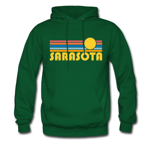 Sarasota, Florida Hoodie - Retro Sunrise Sarasota Crewneck Hooded Sweatshirt - forest green