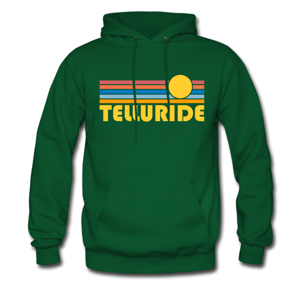 Telluride, Colorado Hoodie - Retro Sunrise Telluride Crewneck Hooded Sweatshirt - forest green