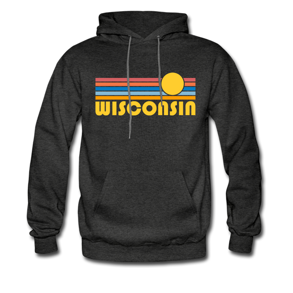Wisconsin Hoodie - Retro Sunrise Wisconsin Crewneck Hooded Sweatshirt - charcoal gray
