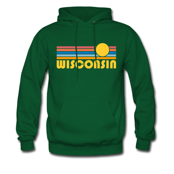 Wisconsin Hoodie - Retro Sunrise Wisconsin Crewneck Hooded Sweatshirt - forest green